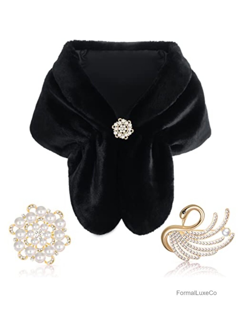 Faux Fur Shawl Wrap with Pearl Rhinestone Brooches